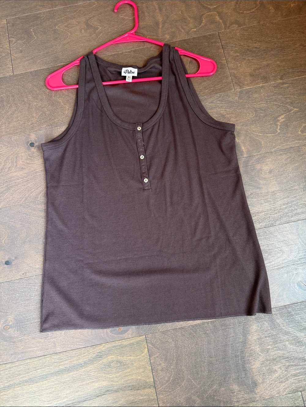 Brown Ribbed Henley Tank Top